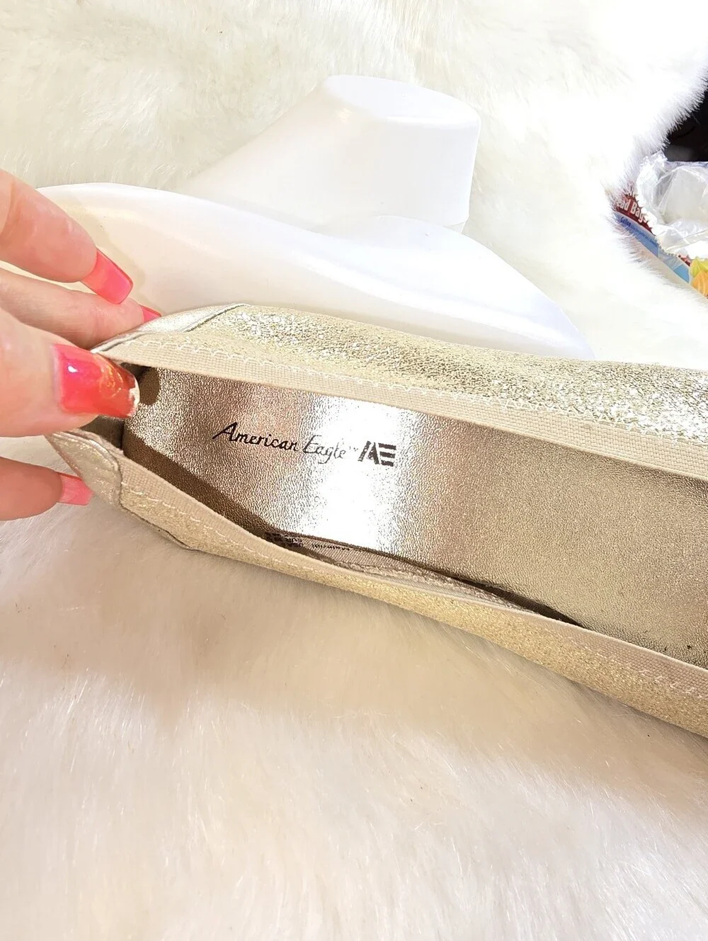 American Eagle Womens Gold Glitter Stretch Ballet Flats with Chain Trim